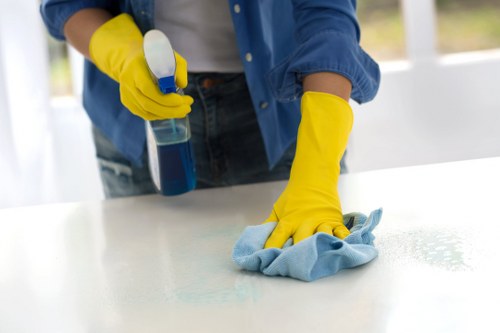 Living room being meticulously cleaned by professionals